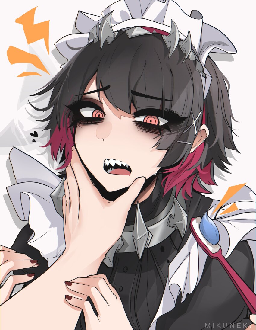 1girl 1other absurdres artist_name black_eyeshadow black_hair brown_nails collar commentary dress ellen_joe english_commentary eyelashes eyeshadow hairband hands_up heart highres holding holding_toothbrush looking_at_viewer maid maid_headdress makeup metal_hairband mikuneki nail_polish open_mouth pov puffy_sleeves red_eyes red_hair ringed_eyes sharp_teeth short_hair simple_background spiked_collar spiked_headband spikes teeth toothbrush upper_body watermark white_background zenless_zone_zero