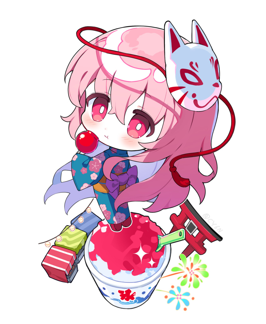 1girl :t alternate_costume artist_name blush bow bright_pupils candy_apple chibi chibi_only closed_mouth commentary cy6n eating fireworks floral_print floral_print_kimono food fox_mask from_above full_body hata_no_kokoro highres holding holding_food japanese_clothes kimono kooribata long_hair long_sleeves looking_at_viewer market_stall mask mask_on_head obi obijime pink_eyes pink_hair plastic_spoon print_kimono purple_bow red_shoes sash shaved_ice shoes simple_background solo sparkle spoon standing torii touhou very_long_hair white_background white_pupils wide_sleeves yukata