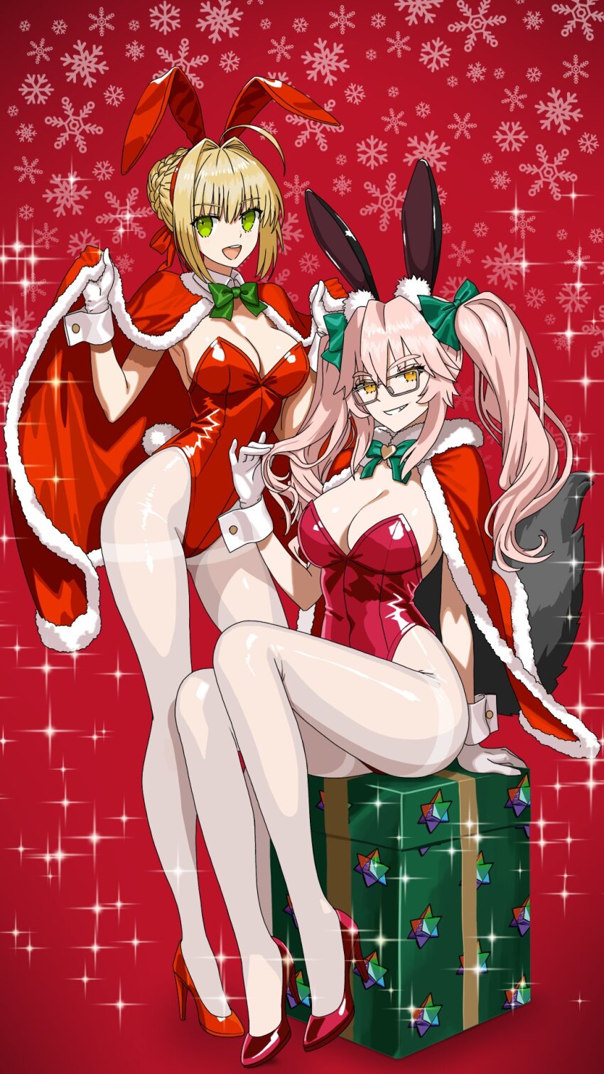 2girls :d ahoge animal_ears arm_support bow braid breasts cape christmas cleavage contrapposto covered_navel fate/grand_order fate_(series) fur_trim gift glasses gloves green_bow green_eyes hair_bow hair_bun hair_intakes high_heels highres koyanskaya_(fate) leotard long_hair looking_at_viewer multiple_girls nero_claudius_(fate) open_mouth pantyhose rabbit_ears rabbit_tail rectangular_eyewear red_leotard sidelocks single_hair_bun sitting smile snowflakes tail tamamo_(fate) thighband_pantyhose twintails type_x white_gloves white_pantyhose wrist_cuffs yellow_eyes