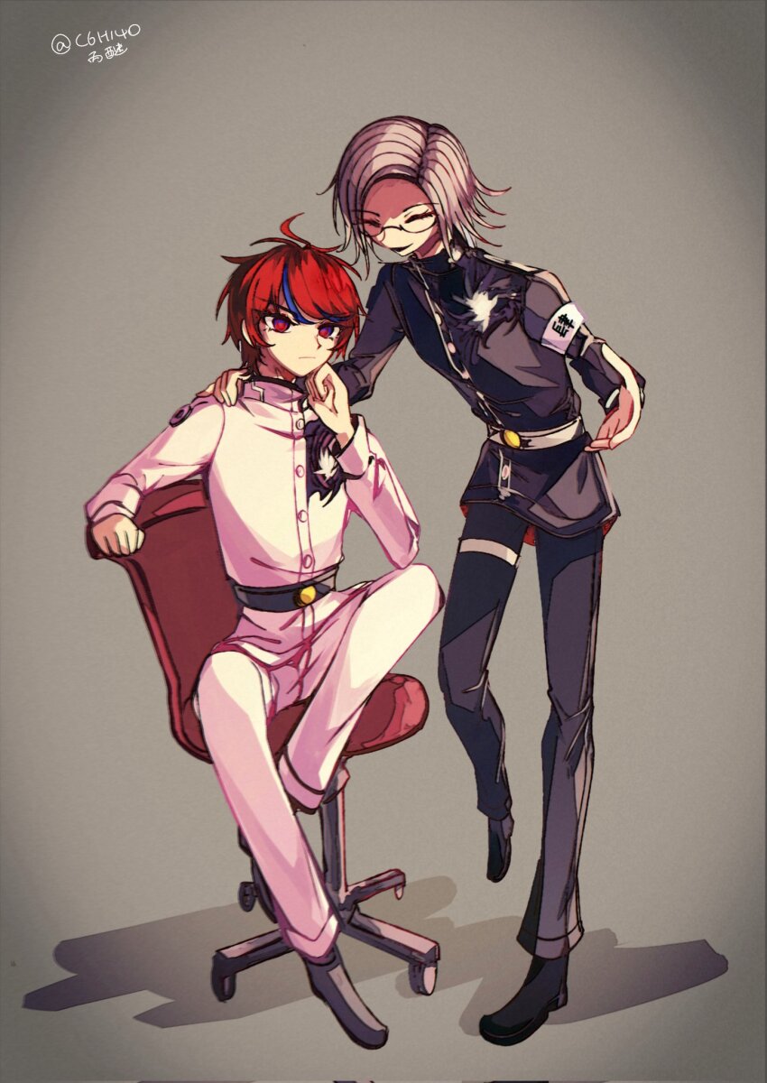 2boys ahoge aotsuki_eito armband black_pants black_shoes blue_eyes blue_hair closed_eyes closed_mouth full_body glasses grey_background grey_hair hair_between_eyes hand_on_another&#039;s_shoulder hand_up last_defense_academy_school_uniform male_focus messy_hair multicolored_eyes multicolored_hair multiple_boys open_mouth pants parted_hair red_chair red_eyes red_hair shoes simple_background sitting standing streaked_hair sumino_takumi the_hundred_line_-last_defense_academy- white_pants