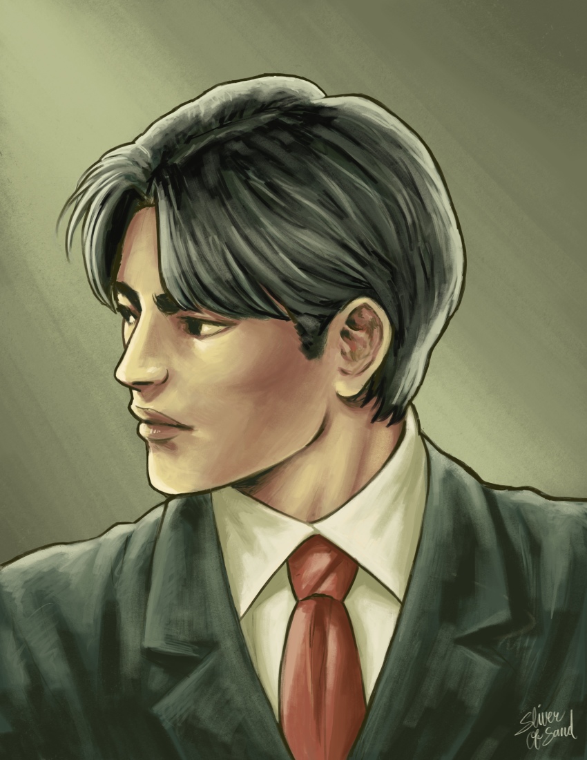 1boy absurdres black_hair brown_eyes chen_gui_zhang collared_shirt formal_clothes grey_jacket highres jacket lips looking_away parted_bangs parted_hair portrait red_tie shenmue shenmue_i shirt sideburns signature simple_background sliverofsand suit thick_eyebrows white_shirt yellow_background
