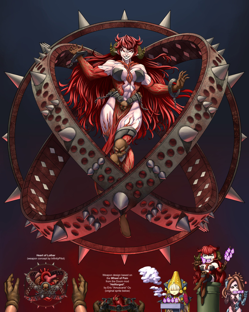 3girls abs absurdres armlet bare_hips bare_shoulders belt bracelet breasts chibi chibi_inset clothing_cutout day_of_wrath_(infinitypilot) demon demon_girl demon_horns doom_(series) doom_eternal evil_eyes evil_grin evil_smile exposed_heart fanfic grin heart heart_(organ) heart_of_lothar_(doom) highres horns humanization jewelry large_breasts long_eyelashes long_hair midriff monster_girl multiple_girls muscular muscular_arms muscular_female muscular_legs occult pelvic_curtain personification red_eyes red_hair revealing_clothes sinister skull smile stomach_cutout substance20 thick_eyelashes thick_thighs thighs veins veiny_arms veiny_breasts veiny_thighs very_long_hair weapon witch