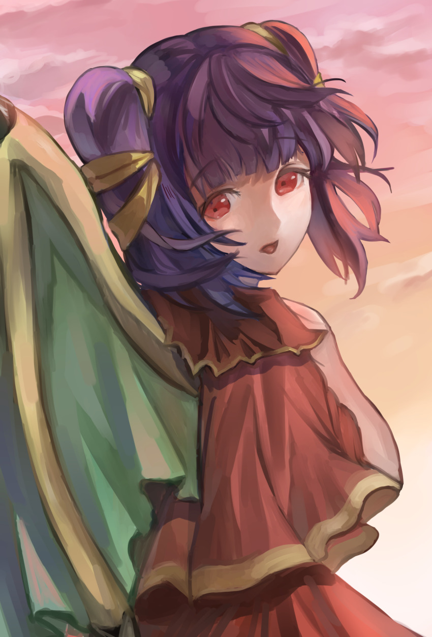 1girl blunt_bangs bracelet capelet cloud coat dragon_girl dragon_wings fire_emblem fire_emblem:_the_sacred_stones gold_trim green_wings hair_tie hand_on_own_chest hand_up highres jewelry long_hair looking_at_viewer looking_back mai_yukari multi-tied_hair myrrh_(fire_emblem) nintendo open_mouth pale_skin purple_hair red_capelet red_coat red_eyes smile solo standing sunset twintails upper_body wings yellow_wings
