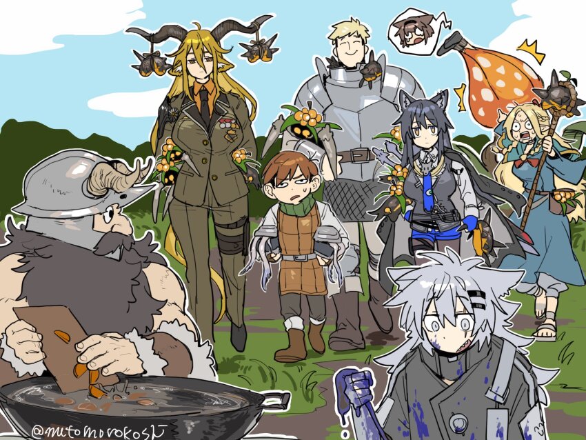3boys 5girls animal_ears arknights armor beard black_coat black_hair black_jacket black_necktie black_vest blonde_hair blood blood_on_clothes blood_on_face blood_on_hands blue_blood blue_capelet blue_gloves blue_necktie blue_robe blue_shorts blue_sky breastplate breasts brown_hair brown_jacket brown_pants brown_suit capelet carnivorous_plant carrying carrying_under_arm chilchuck_tims coat commentary_request cooking creature crossover cuirass cutting_board day degenbrecher_(arknights) dungeon_meshi facial_hair fake_horns formal_clothes fox_ears fox_girl frown furrowed_brow gloves grass grey_eyes grey_hair helmet highres holding holding_creature holding_staff horned_helmet horns jacket jacket_on_shoulders laios_touden lappland_(arknights) large_breasts long_beard long_hair looking_at_another marcille_donato multiple_boys multiple_girls mustache mutomorokoshi necktie orange_shirt originium_slug_(arknights) outdoors pants pauldrons pointing pointing_at_another rhodes_island_medic_(arknights) robe senshi_(dungeon_meshi) sharp_teeth shirt short_hair short_shorts shorts shoulder_armor sky smile staff suit tall_female tearing_up teeth texas_(arknights) texas_the_omertosa_(arknights) twitter_username vest white_shirt wide-eyed wok