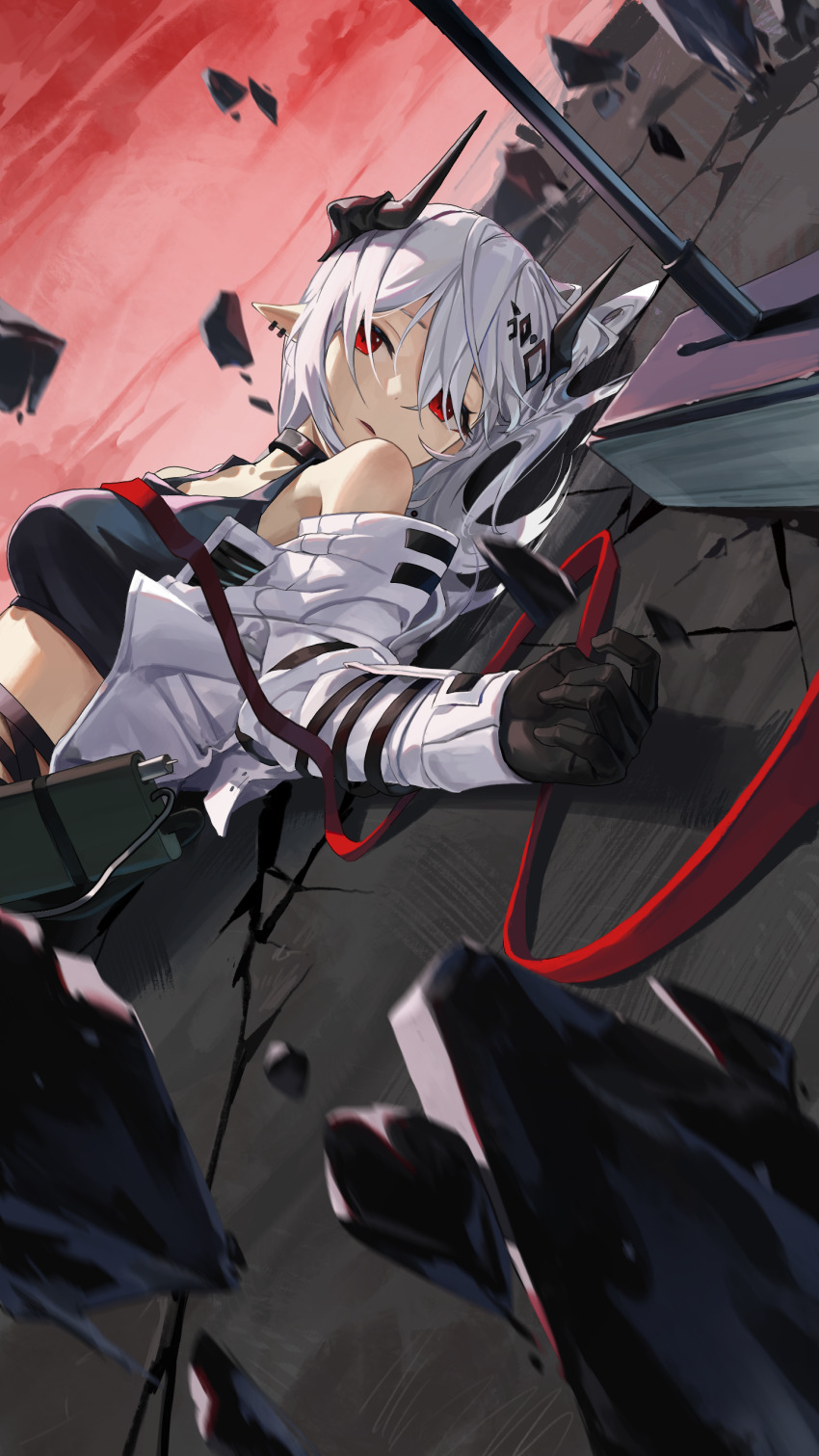 1girl absurdres arknights black_gloves black_horns black_shirt breasts chinese_commentary commentary_request cropped_shirt facing_viewer gloves grey_hair highres horns jacket long_hair long_sleeves looking_ahead lying medium_breasts monky mudrock_(arknights) off_shoulder on_back parted_lips pointy_ears red_eyes red_sky shirt sky solo white_jacket