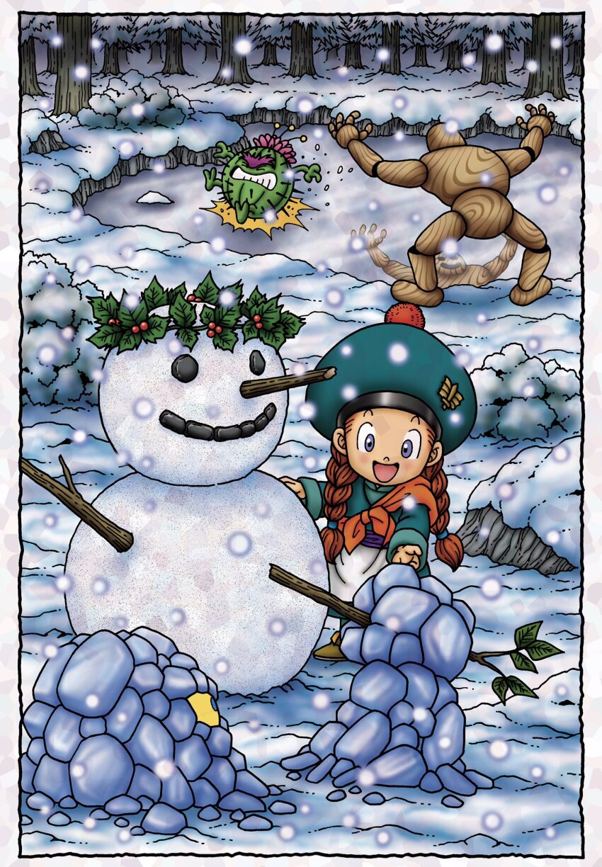 1girl 3others :d aqua_hat aqua_shirt blue_eyes border braid child clenched_teeth colored_sclera commentary_request creature_request dragon_quest dragon_quest_monsters dragon_quest_monsters_2 hat head_wreath highres holding holding_stick holly ice iru_(dq) low_twin_braids mud_mannequin multiple_others murakami_yumiko open_mouth orange_hair outdoors purple_eyes shirt smile snow snowing snowman stick teeth toriyama_akira_(style) tree twin_braids white_border yellow_sclera
