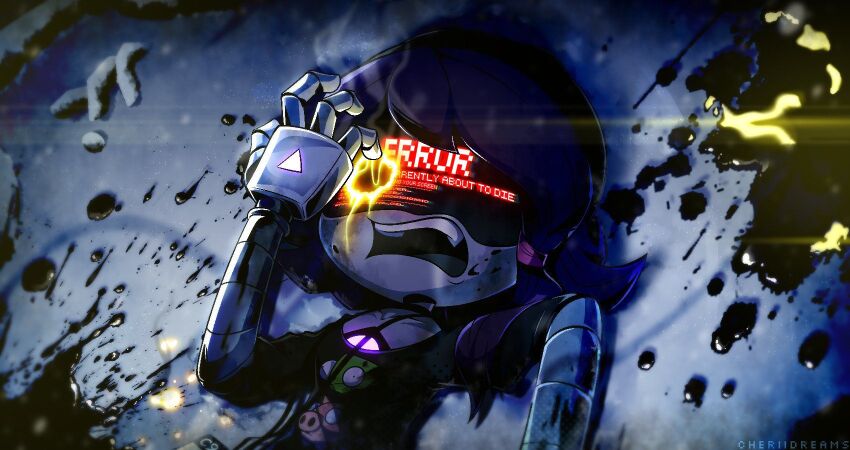 1girl android beanie black_hat black_jacket gir_(dog_costume)_(invader_zim) gir_(invader_zim) hat highres humanoid_robot invader_zim jacket jazthemurderdrone looking_at_viewer mechanical_arms murder_drones open_mouth pom_pom_(clothes) pom_pom_beanie purple_eyes purple_hair robot short-sleeved_jacket short_hair short_sleeves smile snow spill uzi_(murder_drones) yellow_eyes
