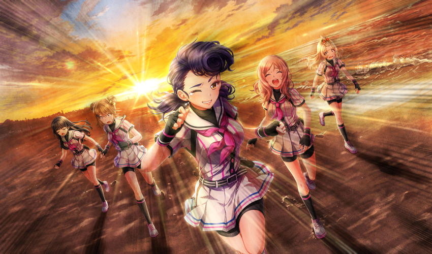 5girls aisaka_koko beach beads black_hair black_skirt blonde_hair bow brown_hair cinderella_series clenched_teeth closed_mouth cloud cloudy_sky double_bun dutch_angle ear_piercing emphasis_lines evening game_cg hachigatsu_no_cinderella_nine hair_beads hair_bow hair_bun hair_ornament hairclip hanayama_emi highres izumida_kyouka light_rays long_hair low_twintails multiple_girls nagai_kanako nitta_minako non-web_source ocean official_art one_eye_closed open_mouth orange_eyes orange_sky outdoors parted_bangs piercing pink_hair pompadour purple_hair running satogahama_baseball_uniform shoes skirt sky sneakers sunbeam sunlight sunset sweat teardrop teeth twintails upper_teeth_only yellow_bow