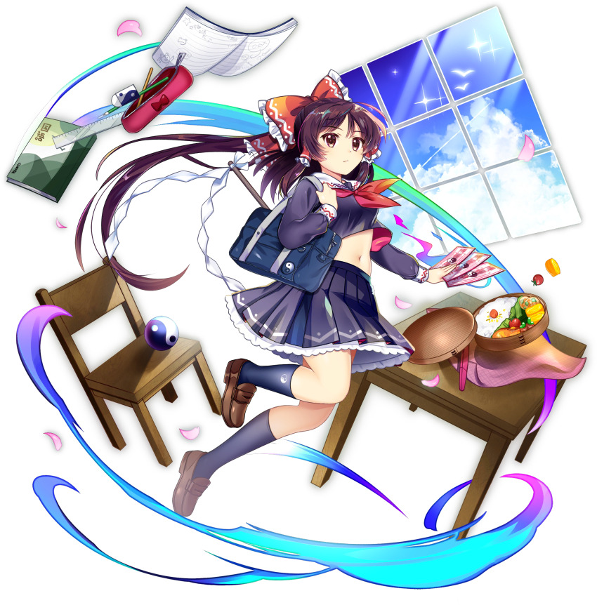 1girl alternate_costume bag bento blue_bag blue_shirt blue_skirt blue_socks book bow breasts brown_eyes brown_hair brown_shoes chair cherry_tomato closed_mouth eraser falling_petals food frilled_bow frilled_hair_tubes frilled_skirt frills fruit game_cg gohei hair_tubes hakurei_reimu hakurei_reimu_(carefree_class_representative) highres kneehighs loafers long_sleeves looking_at_viewer midriff_peek navel neckerchief notebook official_art ofuda omelet orb pencil pencil_case petals pink_petals pleated_skirt red_neckerchief red_ribbon ribbon rice rotte_(1109) ruler sailor_collar school_bag school_uniform serafuku shirt shoes shoulder_bag skirt small_breasts socks solo table tamagoyaki textbook third-party_source tomato touhou touhou_lostword transparent_background umeboshi white_sailor_collar window yin_yang yin_yang_orb yin_yang_print