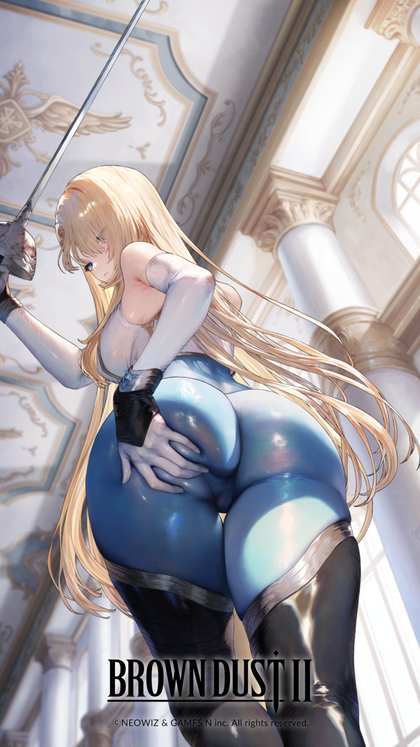 1girl ass ass_focus blonde_hair bodystocking breasts brown_dust_(series) brown_dust_2 curvy deep_skin from_behind gloves grabbing_own_ass hair_between_eyes hand_on_own_ass highres huge_ass large_breasts long_hair lower_body official_art skin_tight solo spread_ass thick_thighs thighs very_long_hair white_gloves wide_hips wilhelmina_(brown_dust)