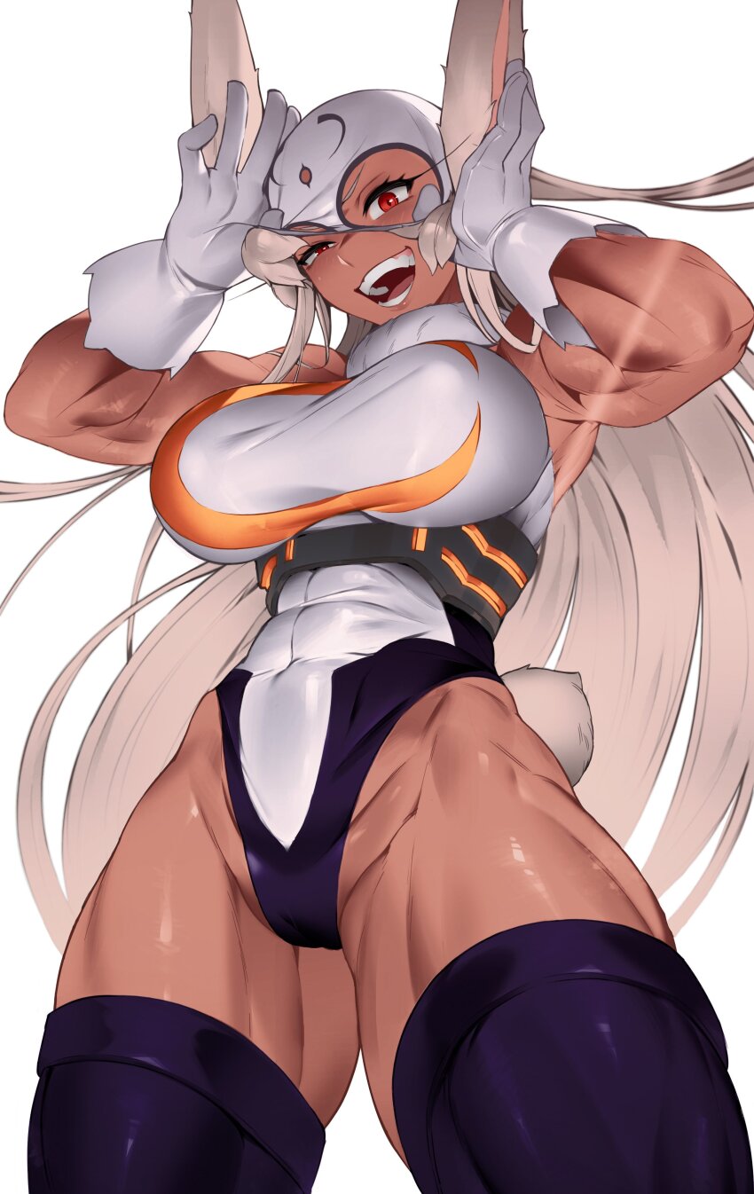 1girl :d absurdres adjusting_mask animal_ears arms_up bare_shoulders blush boku_no_hero_academia breasts colorized commentary covered_abs covered_navel crescent_print dark-skinned_female dark_skin english_commentary everthine finger_under_clothes from_below fur_collar gloves highleg highleg_leotard highres kopam large_breasts leotard long_eyelashes long_hair looking_at_viewer mask mirko muscular muscular_female open_mouth purple_thighhighs rabbit_ears rabbit_girl rabbit_tail red_eyes second-party_source simple_background sleeveless_turtleneck_leotard smile solo tail taut_leotard teeth thick_thighs thighhighs thighs toned toned_female underbust uneven_eyes very_long_hair white_background white_gloves white_hair white_leotard white_mask