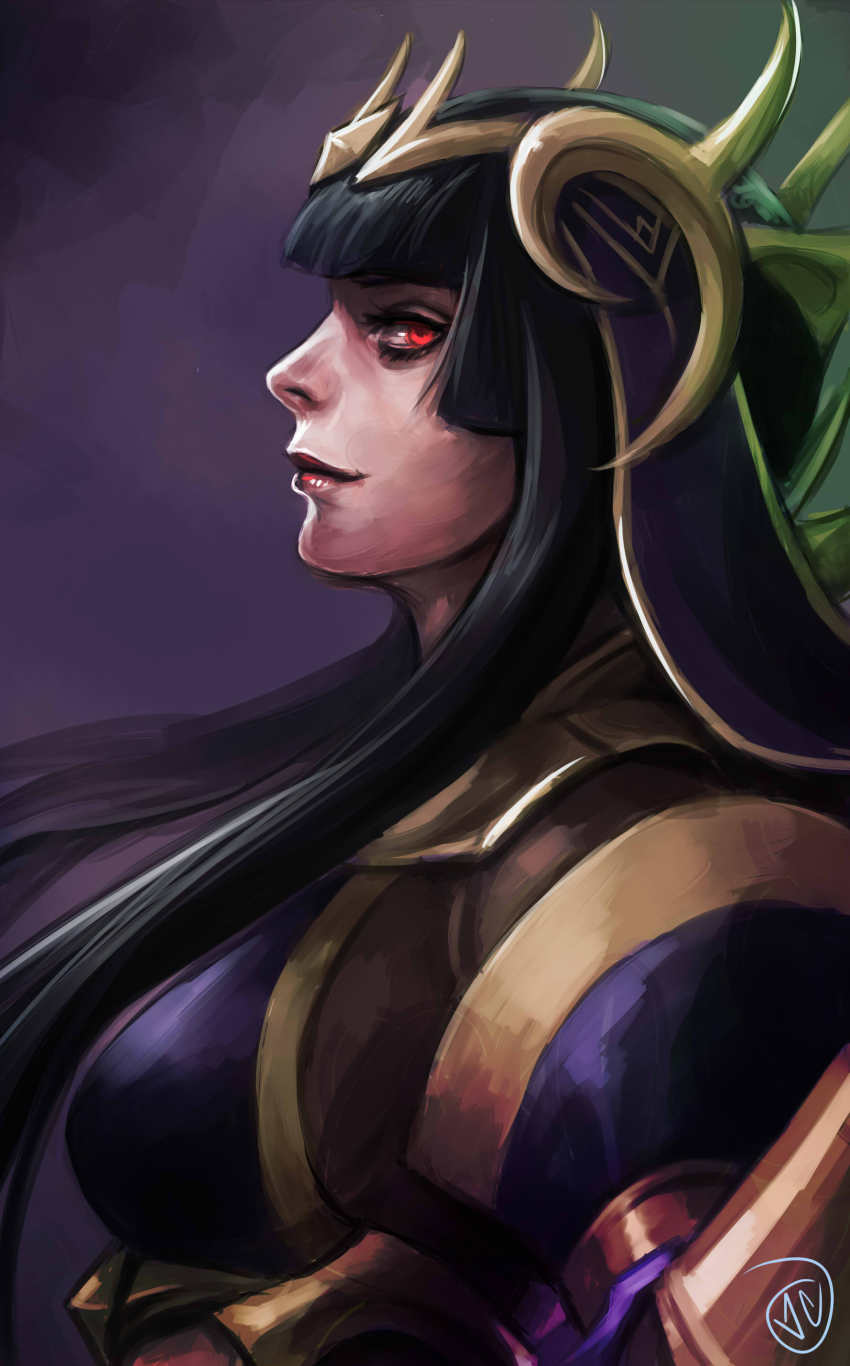 1girl absurdres alternate_costume armor artist_logo black_hair female_focus fire_emblem fire_emblem_awakening highres john_dimayuga logo long_hair nintendo red_eyes solo tharja_(fire_emblem) upper_body