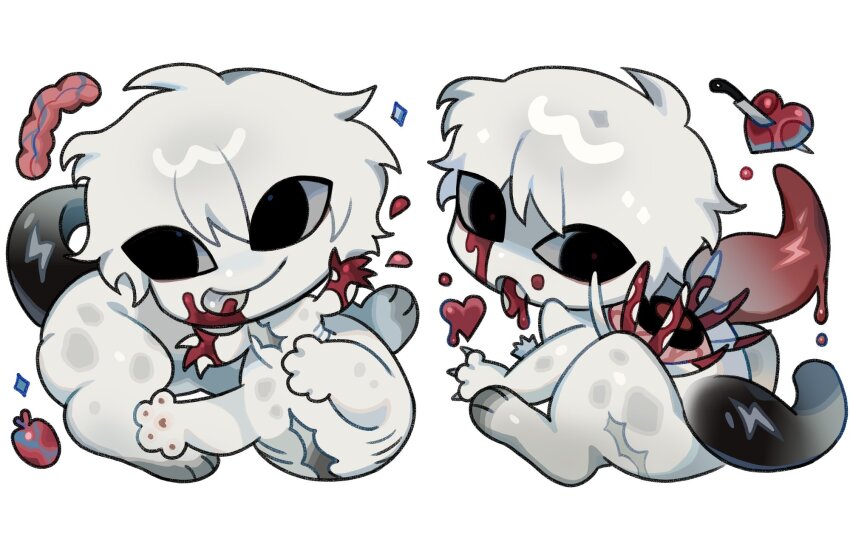 1boy adoptable blood blood_from_mouth blood_on_face blood_on_hands centauroid chibi claws colored_skin commentary dilnyan03 english_commentary extra_eyes full_body heart heart_(organ) highres intestines male_focus monster_boy multiple_views original ribs scar scar_on_chest short_hair simple_background tail taur tentacles tongue tongue_out white_background white_hair white_skin