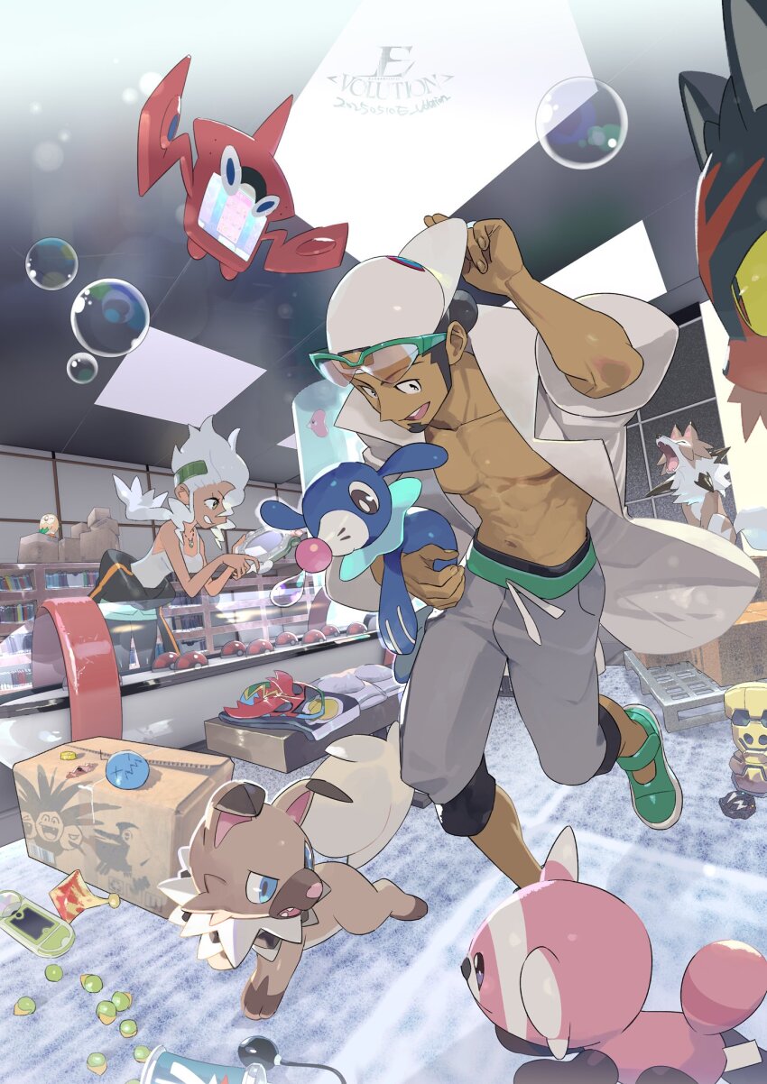 1boy 1girl adrenaline_orb artist_name backwards_hat baseball_cap berry_(pokemon) black_eyes black_hair black_pants blue_eyes bottle_cap box breasts brown_eyes bubble professor_burnet closed_mouth coat colored_sclera dark-skinned_female dark-skinned_male dark_skin dated dutch_angle e_volution elbow_rest figy_berry floating folded_clothes gen_3_pokemon gen_4_pokemon gen_7_pokemon gold_bottle_cap_(pokemon) green_shoes grey_pants hair_bun hat highres holding holding_mirror holding_pokemon indoors jewelry professor_kukui lab_coat leaning_forward litten long_hair looking_at_another luchador_mask luvdisc lycanroc lycanroc_(midday) mask medium_breasts mirror navel necklace nintendo nose_bubble open_clothes open_coat open_mouth pants pants_rolled_up poke_ball poke_ball_(basic) pokedex pokemon pokemon_(creature) pokemon_sm popplio rockruff rotom rotom_dex rowlet seed shoes short_hair smile snot standing starter_pokemon_trio statuette stufful tank_top teeth unworn_mask upper_teeth_only walking water white_coat white_hair white_hat white_tank_top yellow_sclera z-crystal