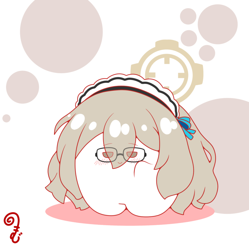 akane_(blue_archive) black-framed_eyewear blue_archive blush brown_hair chibi closed_mouth colored_shadow eyes_visible_through_hair full_body glasses grey_eyes hair_over_eyes halo highres kurukurumagical looking_at_viewer maid_headdress shadow smile solo standing white_background
