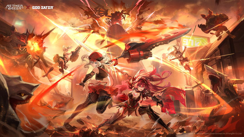 4girls absurdres aether_gazer alisa_ilinichina_amiella aragami arm_warmers bare_shoulders black_boots black_dress black_gloves black_hat black_pantyhose black_vest blue_eyes boots bracer breasts center_frills ciel_alencon cleavage closed_mouth corset cropped_vest crossover debris dress elbow_gloves fingerless_gloves firing floating floating_hair frills full_body gauntlets gloves god_eater god_eater_2:_rage_burst god_eater_burst green_ribbon green_skirt grey_hair gun hair_between_eyes hair_ornament hair_ribbon hat heterochromia highres holding holding_gun holding_sword holding_weapon huge_weapon knee_boots large_breasts logo long_hair long_sleeves looking_at_viewer monster multiple_girls navel neck_ribbon newsboy_cap official_art official_wallpaper open_mouth outdoors pantyhose plaid_clothes plaid_skirt pleated_skirt puffy_long_sleeves puffy_sleeves red_hair red_hat red_ribbon red_skirt ribbon ruins shirt short_hair short_twintails sidelocks single_arm_warmer single_elbow_glove skirt standing standing_on_one_leg stomach suspender_skirt suspenders suspenders_slip sword thigh_boots thigh_strap thighhighs thoth_(aether_gazer) twintails underboob verthandi_(aether_gazer) vest weapon white_shirt yellow_eyes zettai_ryouiki