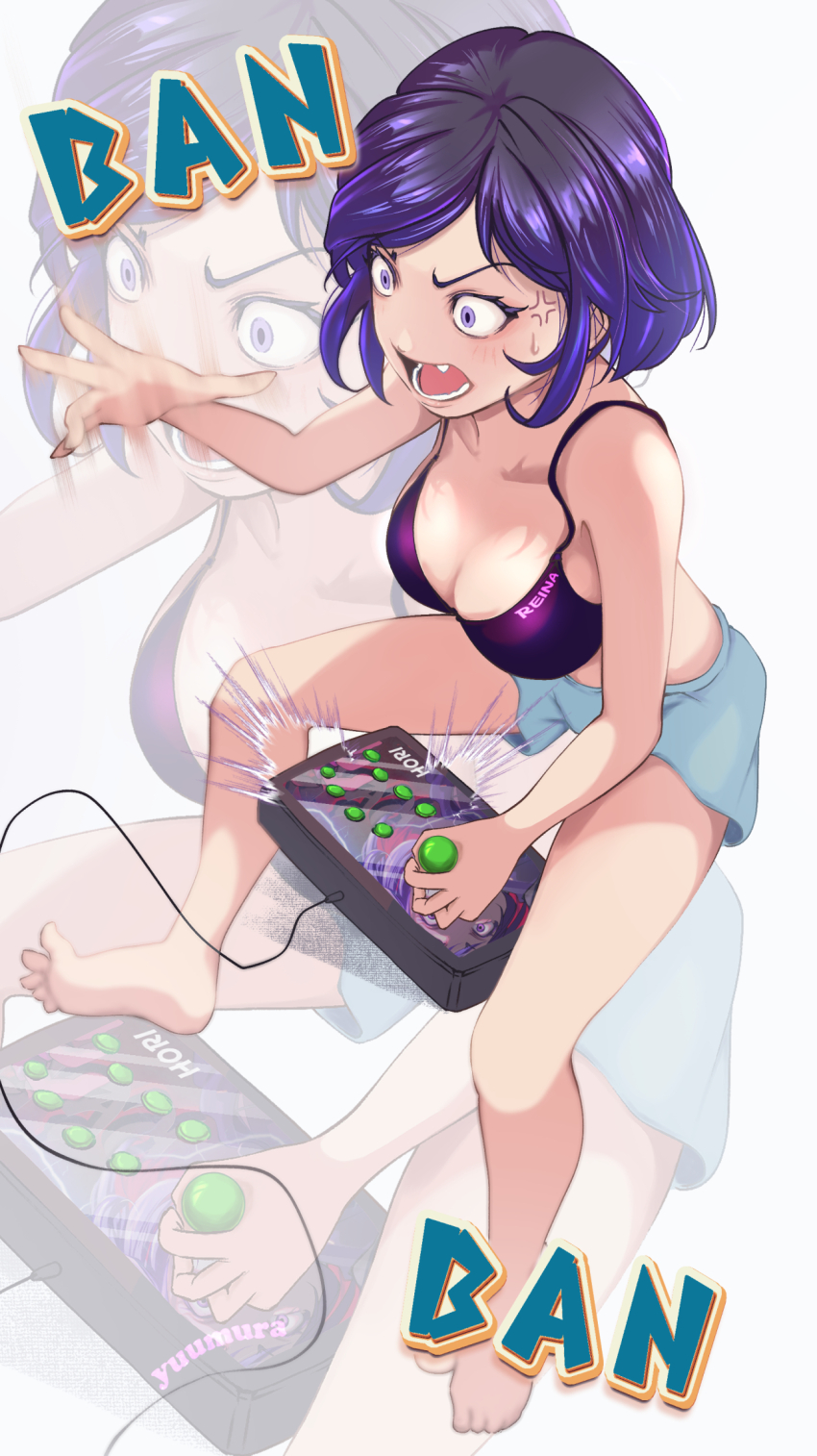 1girl anger_vein arcade_stick breasts character_name commentary controller english_commentary feet game_controller highres joystick mixed-language_commentary open_mouth reina_(tekken) short_hair shorts solo sweat tekken tekken_8 toes yuumura_ch