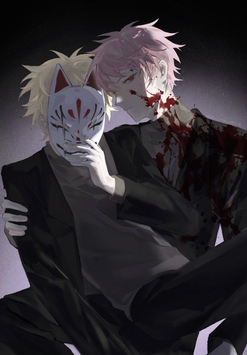2boys absurdres atou_haruki black_jacket black_pants blonde_hair blood blood_on_clothes blood_on_face blood_on_neck chinese_commentary commentary_request dual_persona film_grain fox_mask grey_sweater hand_on_another&#039;s_arm highres holding holding_mask jacket long_sleeves male_focus mask multiple_boys open_clothes open_jacket pants pink_hair red_eyes saibou_shinkyoku spoilers sweater turtleneck turtleneck_sweater zhiyanpianyu55126