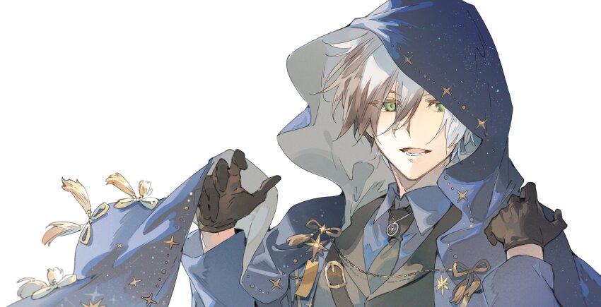 1boy aiguillette alternate_costume black_gloves black_hair black_necktie blue_robe blue_shirt dress_shirt gloves green_eyes hair_between_eyes highres hood hood_up looking_at_viewer ludger_will_kresnik male_focus multicolored_hair necktie open_mouth robe shirt short_hair simple_background smile solo star_(symbol) star_print tales_of_(series) tales_of_xillia tales_of_xillia_2 two-tone_hair white_background white_hair xing_20
