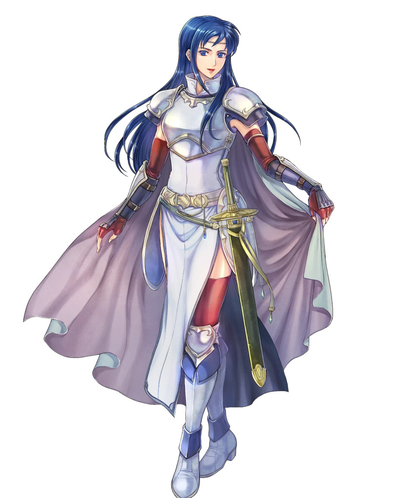 1girl armor blue_eyes blue_hair breastplate cape elbow_gloves fire_emblem fire_emblem:_the_blazing_blade fire_emblem_heroes gloves highres isadora_(fire_emblem) long_hair nintendo non-web_source official_art pelvic_curtain shoulder_armor solo sword takaya_tomohide vambraces weapon white_cape