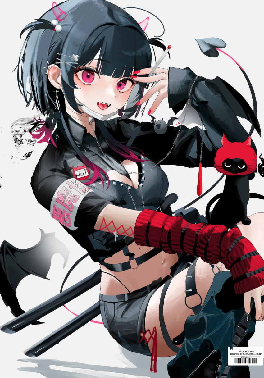 1girl absurdres aoishi_pachira armband asymmetrical_sleeves barbell_piercing barcode bat_wings between_breasts black_hair blunt_bangs blush breasts choker cigarette cleavage crop_top cross cross_earrings demon_girl demon_horns demon_tail ear_piercing earrings fangs gradient_hair hair_bobbles hair_ornament hairclip hand_up highres holding holding_cigarette horns industrial_piercing jewelry leg_warmers long_hair long_sleeves looking_at_viewer medium_breasts midriff multicolored_hair multiple_piercings nail_polish name_tag navel navel_piercing necktie open_mouth original panty_straps piercing pink_eyes pink_hair popped_collar short_sleeves shorts sidelocks smile smoking solo spiked_thighlet striped_arm_warmers studded tail thigh_strap translation_request two_side_up winged_clothes wings x_hair_ornament