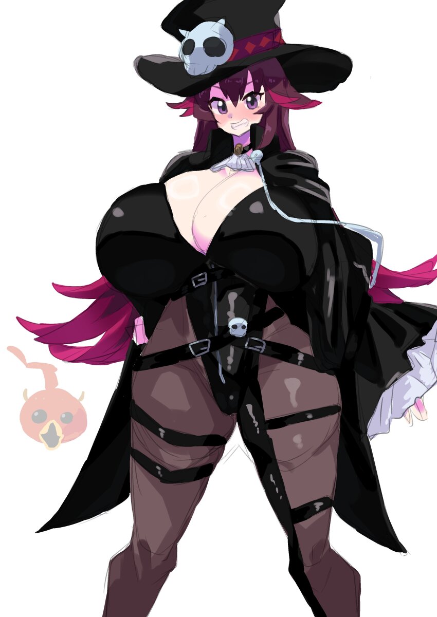1girl absurdres akan_mori black_cape black_hat black_leotard breasts cape cleavage dot_nose duel_masters eyelashes female_focus grin hat highres huge_breasts leotard long_hair looking_at_viewer purple_eyes purple_hair shiny_skin skull smile solo standing tasogare_mimi thick_thighs thighs white_background wide_hips