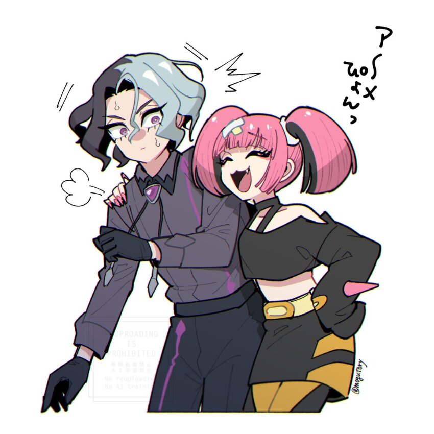 1boy 1girl amethio_(pokemon) bandaid bandaid_hair_ornament black_gloves black_hair black_skirt closed_eyes closed_mouth coral_(pokemon) cropped_shirt fang fingernails gloves grey_hair hair_between_eyes hair_ornament hand_on_own_hip highres long_sleeves looking_at_another midriff mogutory multicolored_hair nintendo open_mouth pink_nails pokemon pokemon_(anime) pokemon_horizons puff_of_air purple_eyes sharp_fingernails short_hair skirt split-color_hair sweatdrop twintails twitter_username two-tone_hair white_background
