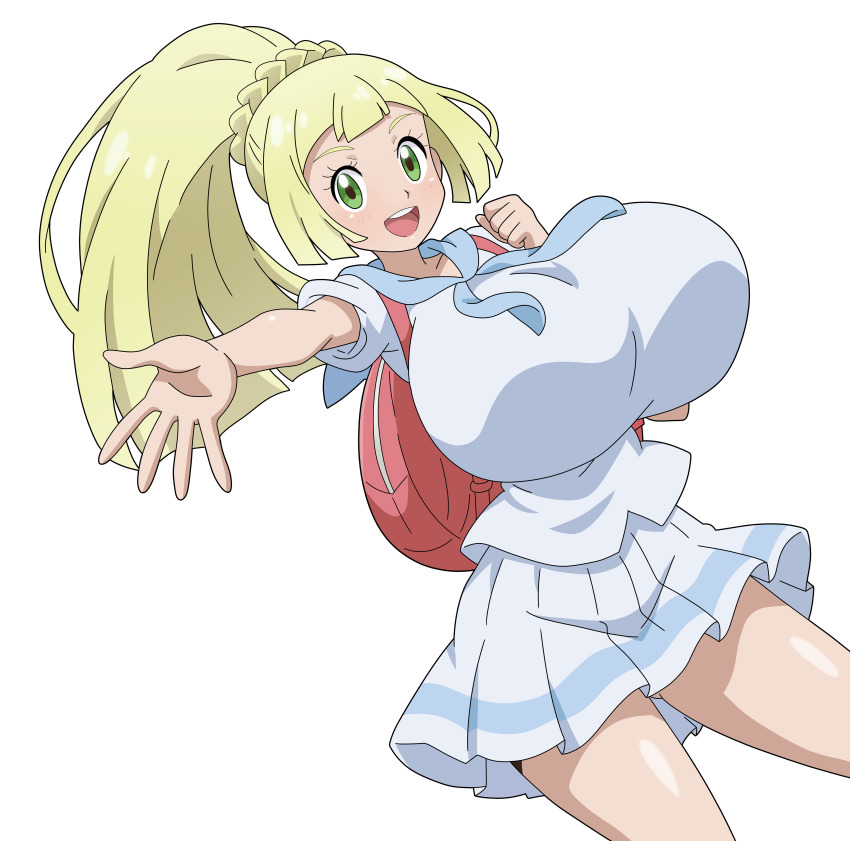 absurdres alternate_breast_size blonde_hair breasts green_eyes highres hitokiwa_kenchin huge_breasts lillie_(pokemon) nintendo pokemon pokemon_sm simple_background solo white_background