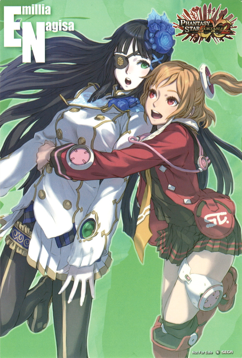 2girls :d :o black_hair blonde_hair character_name company_name copyright_name emilia_percival eyepatch flower green_background green_eyes hair_flower hair_ornament hair_ribbon highres hug jacket kneehighs leg_up logo long_hair looking_at_another medium_hair multiple_girls nagisa_(phantasy_star) necktie non-web_source not_for_sale official_art one_side_up open_mouth pale_skin pantyhose phantasy_star phantasy_star_portable_2 phantasy_star_portable_2_infinity pleated_skirt red_eyes red_jacket ribbon scan scan_artifacts sidelocks skirt smile socks teeth thigh_strap upper_teeth_only yellow_necktie