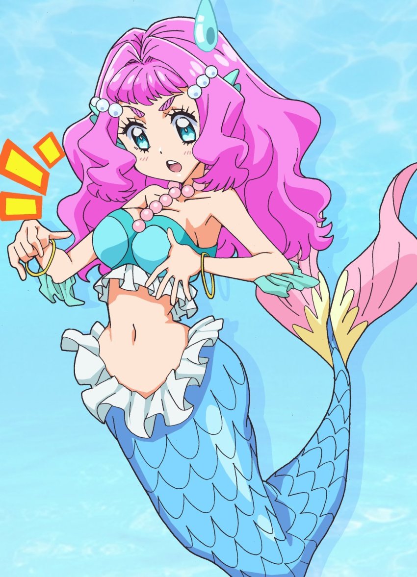 1girl :o alternate_breast_size bangle beads blue_background blue_eyes blush bracelet breast_expansion breasts cel_shading commentary drop_shadow eyelashes frills hair_beads hair_intakes hair_ornament highres jewelry large_breasts laura_la_mer long_hair looking_at_breasts looking_down masaru_(win800) mermaid midriff monster_girl navel necklace notice_lines pearl_necklace precure purple_hair short_bangs solo strapless surprised surprised_arms teardrop tropical-rouge!_precure wavy_hair