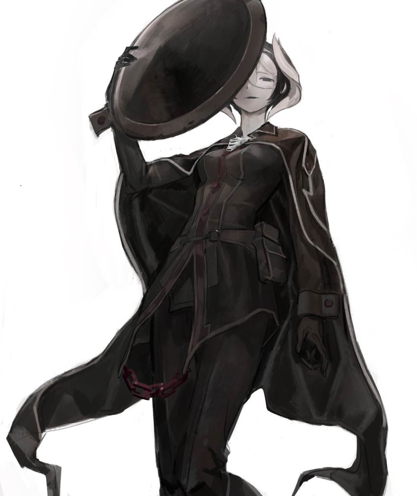 1girl absurdres black_cape black_eyes black_gloves black_hair breasts cape chenrong96 gloves grey_hair hair_between_eyes hat highres holding holding_unworn_clothes holding_unworn_hat long_sleeves made_in_abyss multicolored_hair ozen short_hair solo two-tone_hair unworn_hat unworn_headwear whistle whistle_around_neck white_background