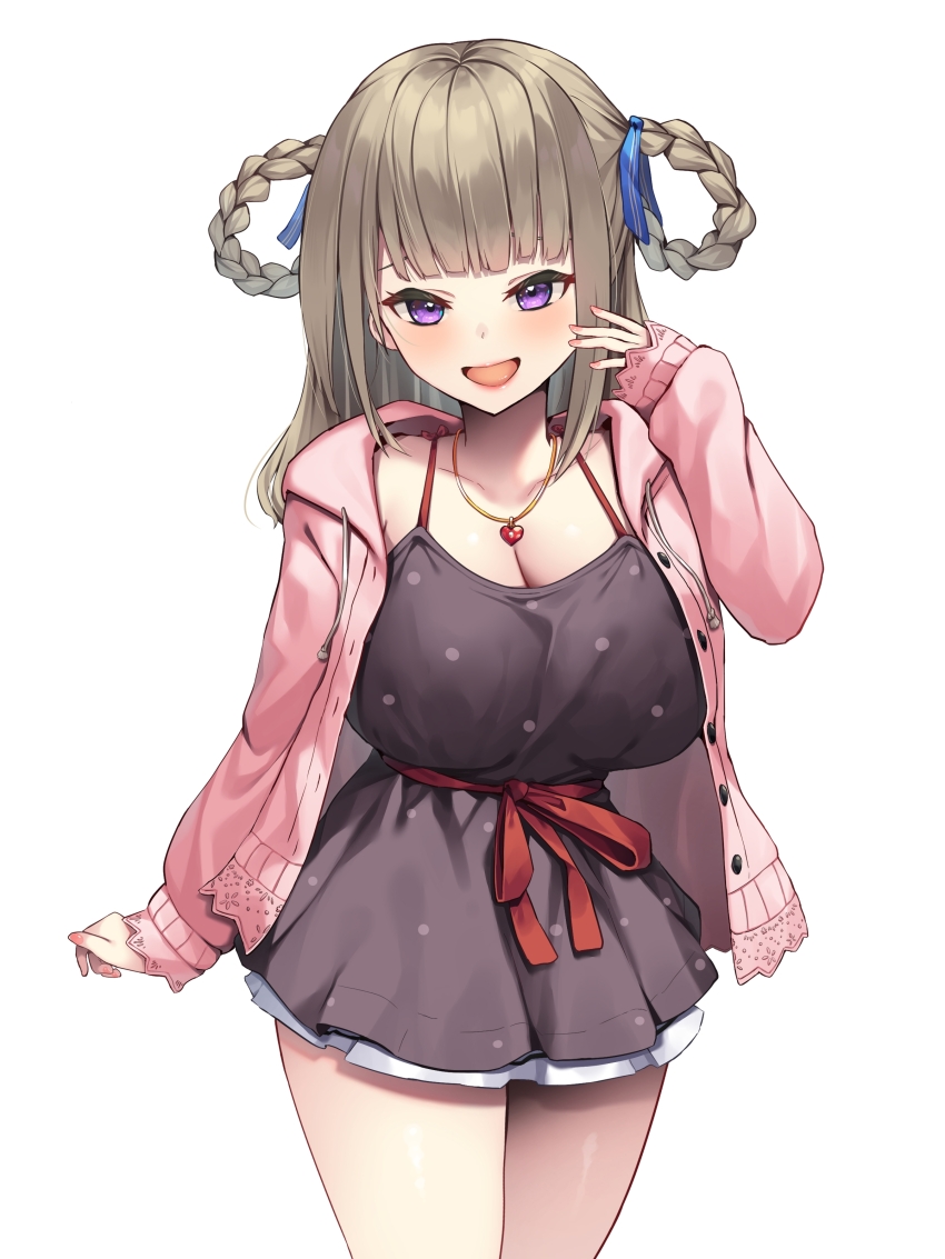 1girl :d absurdres asa_no_ha_(awayuki) black_dress breasts brown_hair cleavage dress hair_rings hand_up highres jacket jewelry large_breasts lipstick long_hair makeup necklace official_art open_clothes open_jacket open_mouth pink_jacket pink_nails purple_eyes smile solo