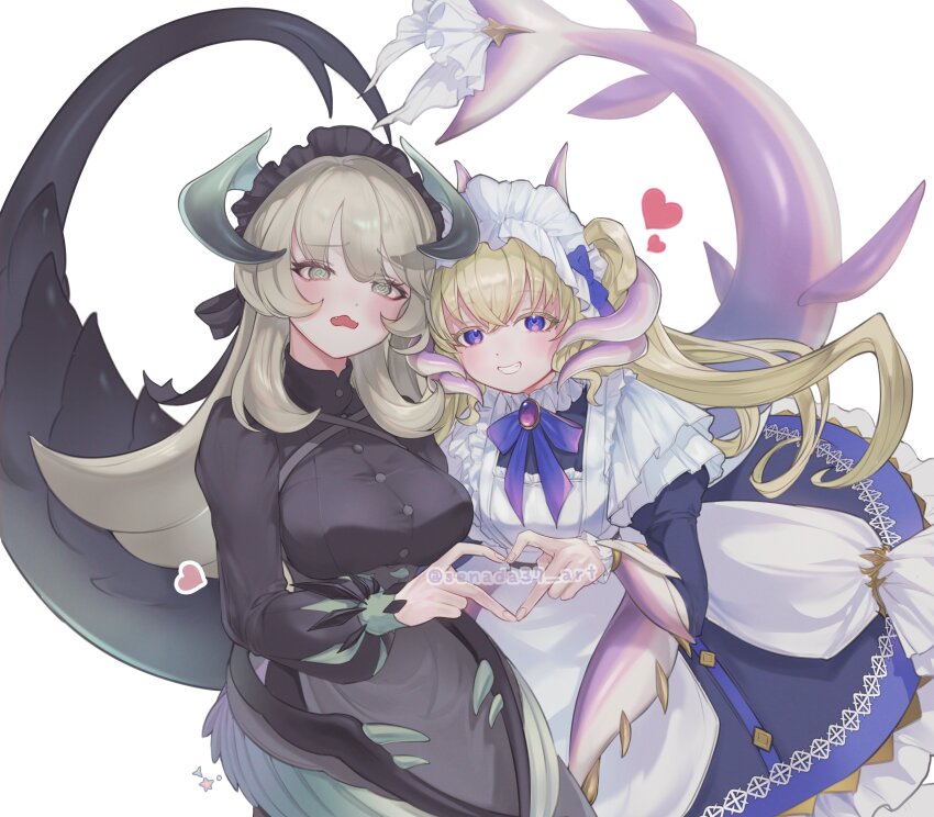 2girls @_@ absurdres apron black_dress black_tail black_wings blonde_hair brown_hair chamber_dragonmaid cowboy_shot dragon_girl dragon_horns dragon_tail dragon_wings dress duel_monster heart heart_hands heart_hands_duo highres horns lady&#039;s_dragonmaid long_hair low_wings missing_commentary multiple_girls purple_eyes purple_tail senada37 tail two_side_up white_apron wings yu-gi-oh!