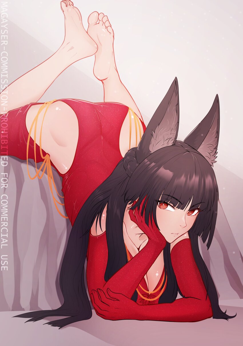 1girl absurdres animal_ear_fluff animal_ears barefoot breasts china_dress chinese_clothes cleavage commentary commission dress elbow_gloves english_commentary eyelashes fox_ears fox_girl gloves hand_on_own_cheek hand_on_own_face highres hoshimi_miyabi large_breasts legs_up light_blush light_particles long_hair looking_at_viewer lying magayser no_tail on_stomach red_dress red_eyes red_gloves shiny_skin simple_background solo toes top-down_bottom-up watermark zenless_zone_zero