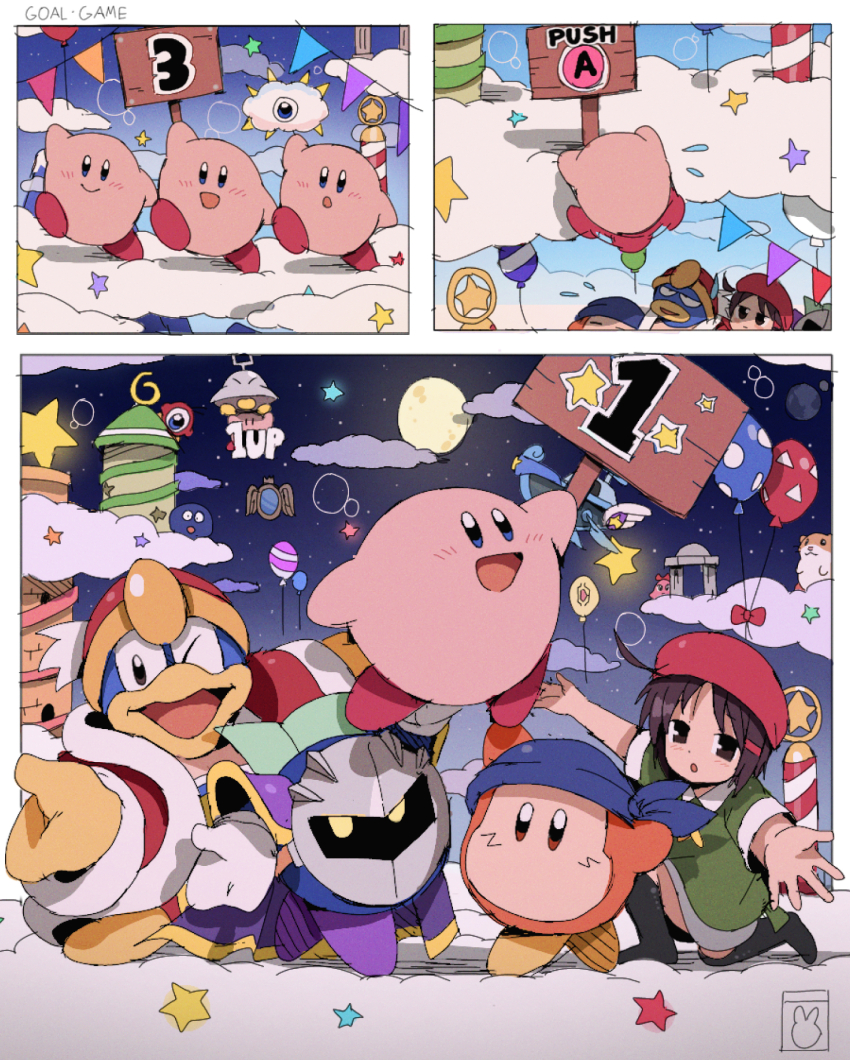 1up :d :o ;d adeleine ahoge aircraft airship arm_up armor arms_up balloon bandana bandana_waddle_dee bendedede beret blue_bandana blue_eyes blush bow brown_eyes brown_hair castle chuchu_(kirby) closed_mouth cloud collared_shirt commentary day dimension_mirror english_commentary flying_sweatdrops full_moon fur-trimmed_jacket fur_trim gooey_(kirby) green_shirt grey_skirt hair_ornament hairclip hat highres holding holding_sign jacket jumping king_dedede kirby kirby_(series) kracko long_sleeves looking_at_viewer lor_starcutter mask meta_knight mirror moon night night_sky nintendo on_cloud on_one_knee one-eyed one_eye_closed open_clothes open_jacket open_mouth outstretched_arm outstretched_arms parted_bangs pauldrons pennant red_bow red_headwear red_jacket rick_(kirby) shirt short_hair short_sleeves shoulder_armor sidelocks sign skirt sky smile spikes spread_arms star_(sky) starry_sky string_of_flags tower ufo ufo_(kirby) waddle_doo yellow_eyes