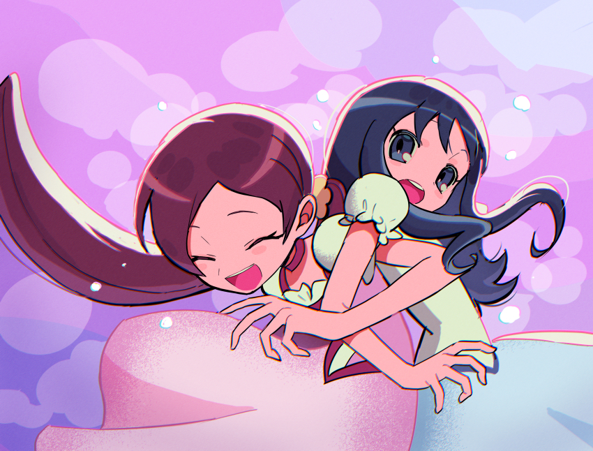 2girls :d absurdres back-to-back blue_dress blue_eyes blue_hair blush_stickers choker closed_eyes commentary dress facing_down frilled_dress frilled_sleeves frills gradient_background hair_ornament hair_scrunchie hanasaki_tsubomi happy heartcatch_precure! henshin highres hiuhhhhhh kurumi_erika locked_arms long_hair looking_up low_twintails magical_girl multicolored_dress multiple_girls open_mouth pink_background pink_choker pink_dress pink_hair precure puffy_short_sleeves puffy_sleeves purple_background scrunchie short_dress short_sleeves smile spread_fingers symbol-only_commentary teeth transformation twintails two-tone_background two-tone_dress upper_body upper_teeth_only wavy_hair white_dress yellow_scrunchie