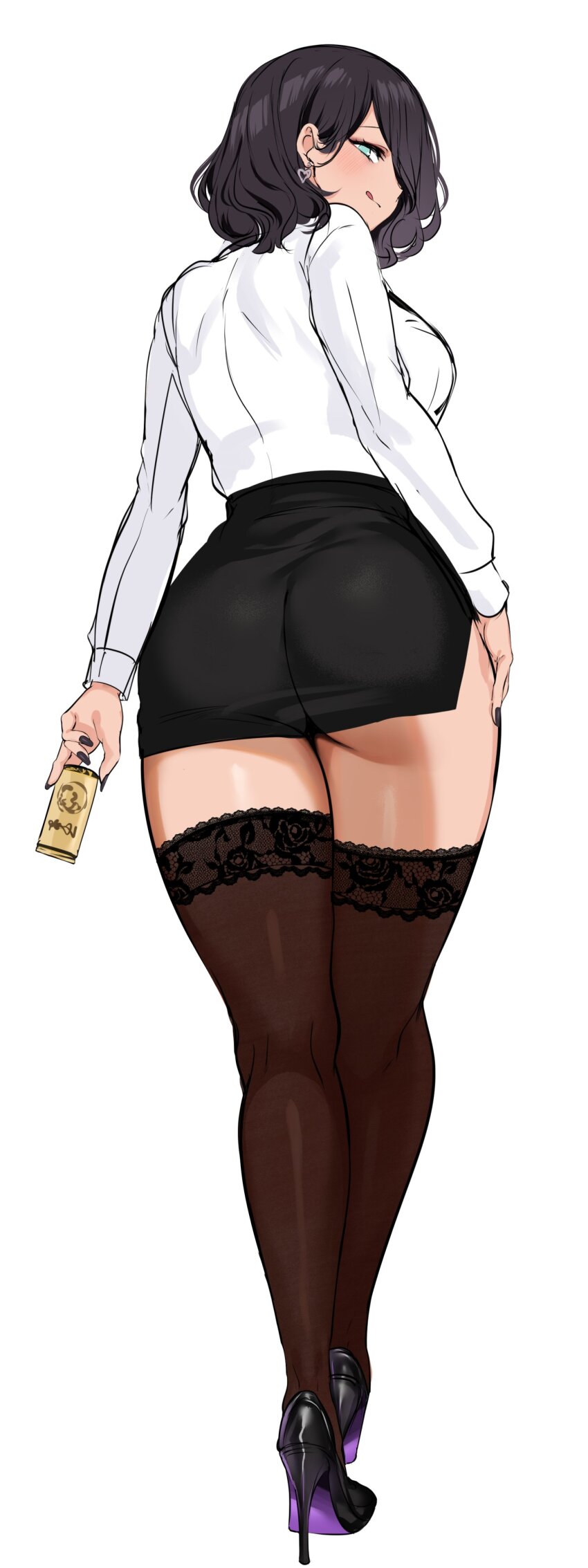 1girl :q absurdres agetama ass black_hair black_skirt blush brown_thighhighs can closed_mouth earrings from_behind gluteal_fold heart heart_earrings high_heels highres holding holding_can jewelry long_sleeves looking_at_viewer looking_back miniskirt nail_polish original pencil_skirt shirt shirt_tucked_in short_hair simple_background skirt solo thighhighs thighs tongue tongue_out white_background white_shirt