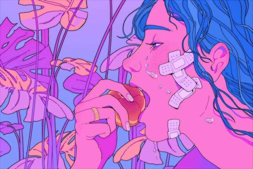 1girl artist_name bandaid blue_background blue_hair close-up colored_skin commentary crying eating english_commentary food fruit gradient_background half-closed_eyes holding holding_food holding_fruit jewelry leaf long_eyelashes long_hair monstera_deliciosa nail_art neon_palette open_mouth original peach pink_eyes pink_light pink_skin plant portrait profile purple_background purple_bandages purple_lips purple_nails ring sh0tze simple_background smiley_face solo sparkle tears