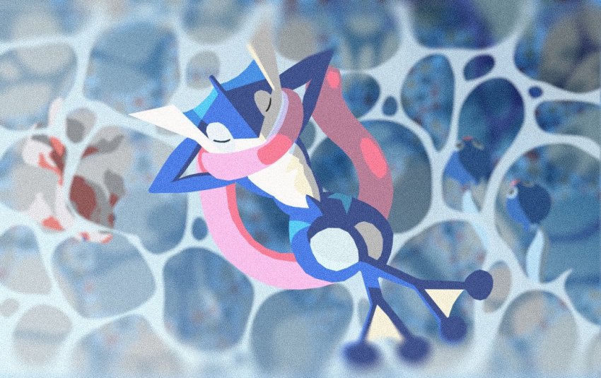 afloat blurry closed_eyes commentary_request crossed_legs film_grain fish from_above gen_1_pokemon gen_6_pokemon goldeen greninja lying nintendo no_humans on_back pokemon pokemon_(creature) pokeyugami poliwag tongue tongue_scarf water