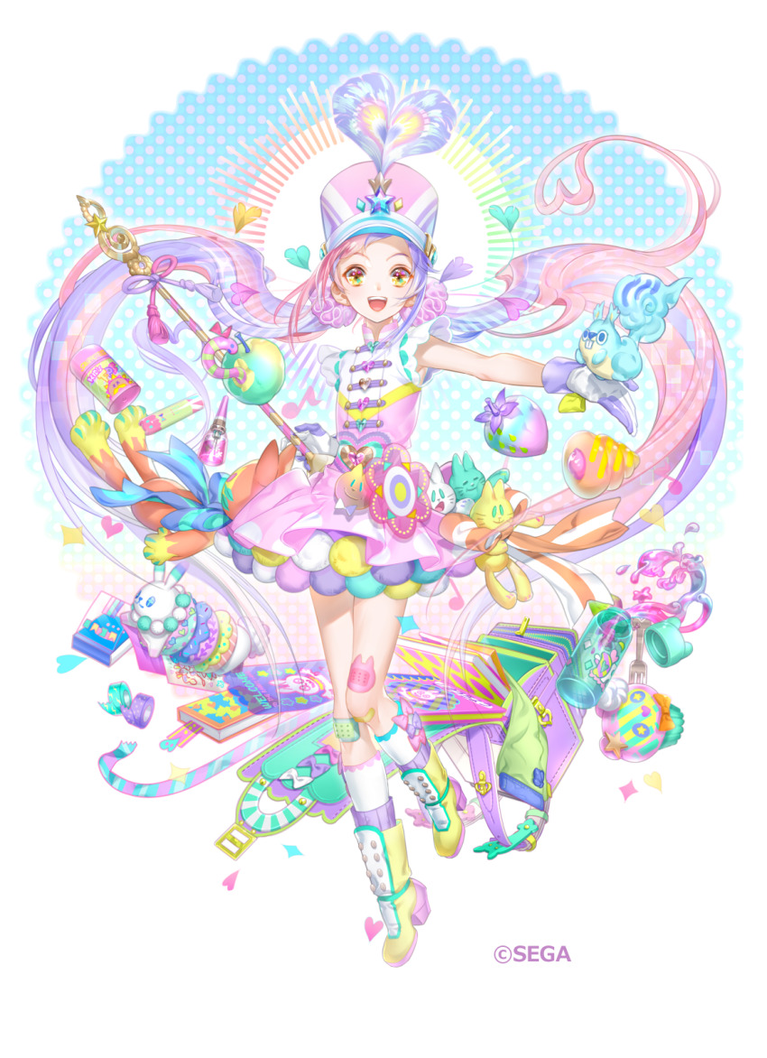 1girl band_uniform bandaid bandaid_on_knee bandaid_on_leg boots chunithm commentary_request copyright_request food fruit full_body gloves hair_ornament hair_scrunchie hat highres holding holding_scepter jacket k_ototo kneehighs leg_up long_hair maihama_yume official_art open_mouth pink_hair pink_hat pink_scrunchie pink_skirt scepter scrunchie skirt sleeveless sleeveless_jacket smile socks solo strawberry stuffed_animal stuffed_cat stuffed_toy twintails very_long_hair white_gloves white_jacket white_socks yellow_boots yellow_eyes