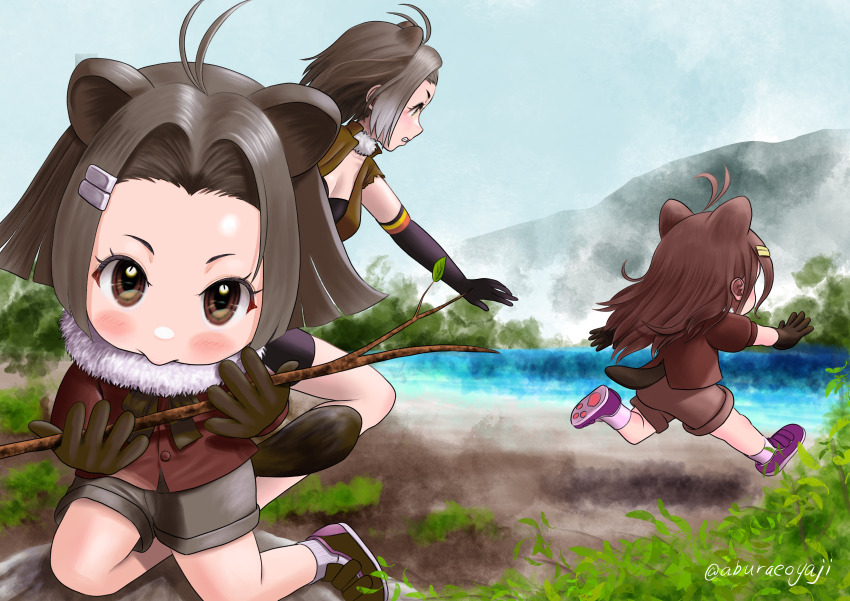 1other 2girls absurdres aburaeoyaji american_beaver_(kemono_friends) animal_ears antenna_hair beaver_ears beaver_tail blush_stickers bra breasts brown_eyes child cleavage day elbow_gloves extra_ears eyelashes fog fur_collar gloves grey_hair hair_ornament hairclip height_difference highres if_they_mated kemono_friends kneeling lake long_hair looking_at_another looking_at_viewer medium_breasts medium_hair mother_and_daughter multiple_girls outdoors running shirt shoes shorts tail underwear vest water
