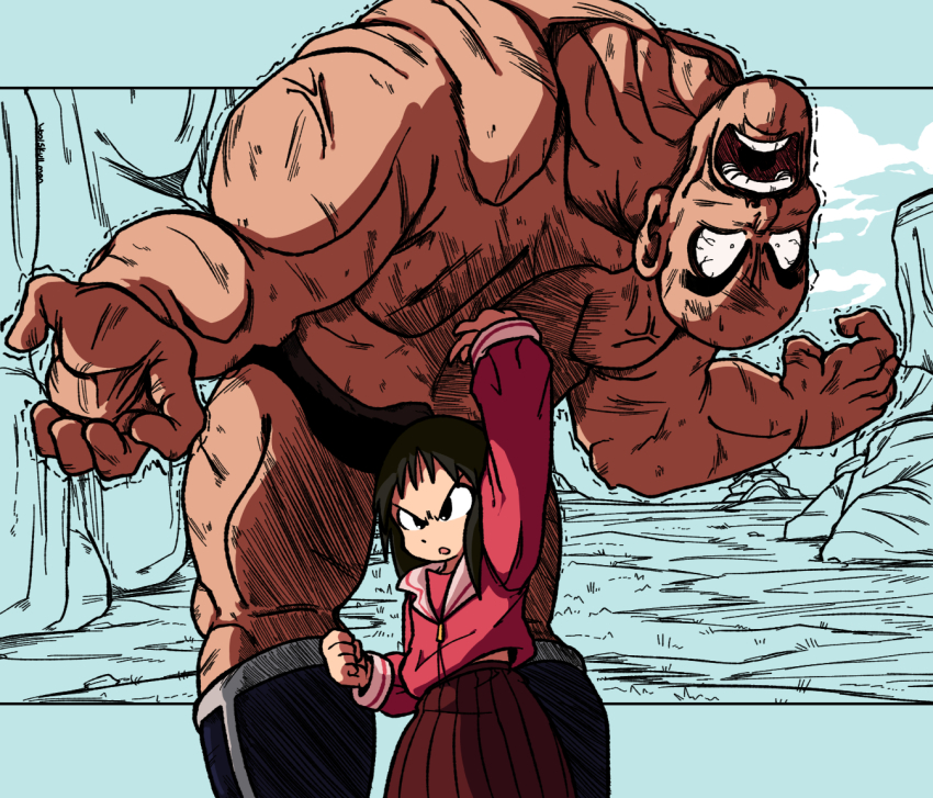 1boy 1girl angry arm_up bald black_eyes black_hair brown_hair constricted_pupils crossover defeat dragon_ball dragonball_z eye_veins fighting height_difference kasuga_ayumu long_hair muscular muscular_male nappa open_mouth school_uniform skirt summer_uniform wide-eyed woolskullman