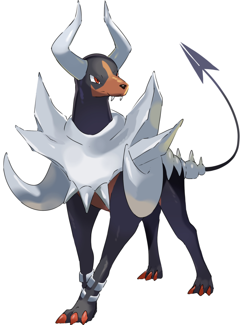 bad_id bad_pixiv_id closed_mouth commentary_request fangs fangs_out full_body gen_2_pokemon highres houndoom looking_to_the_side mega_houndoom mega_pokemon mian_(3zandora) nintendo no_humans pokemon pokemon_(creature) red_eyes simple_background standing white_background