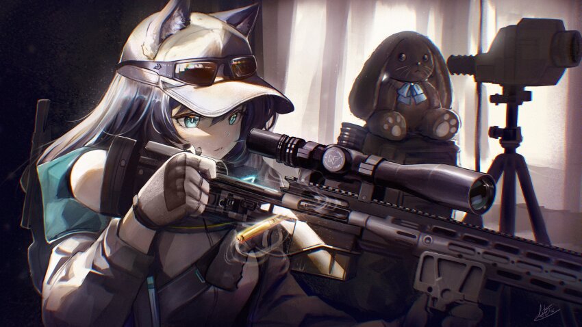 1girl animal_ears anti-materiel_rifle arktic baseball_cap black_hair blue_eyes cat_ears character_request curtains ears_through_headwear gloves gun hat highres indoors original reloading rifle scope shell_casing signature sniper_rifle solo stuffed_animal stuffed_toy sunglasses tripod upper_body weapon