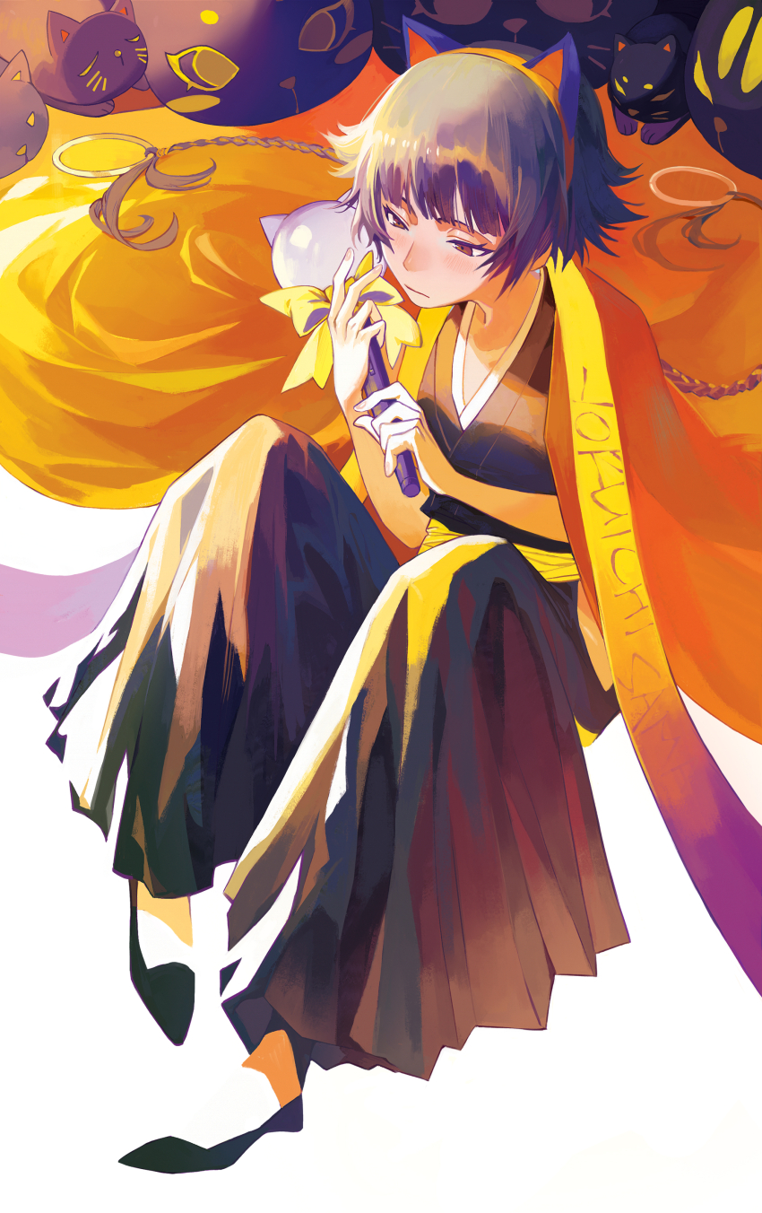 1girl absurdres animal_ear_hairband animal_ears black_cat black_footwear black_hair black_kimono bleach blunt_bangs brown_eyes cat cat_ear_hairband cat_ears fake_animal_ears hairband highres holding japanese_clothes kimono kuzen lightstick sad sitting solo stuffed_animal stuffed_toy sui-feng