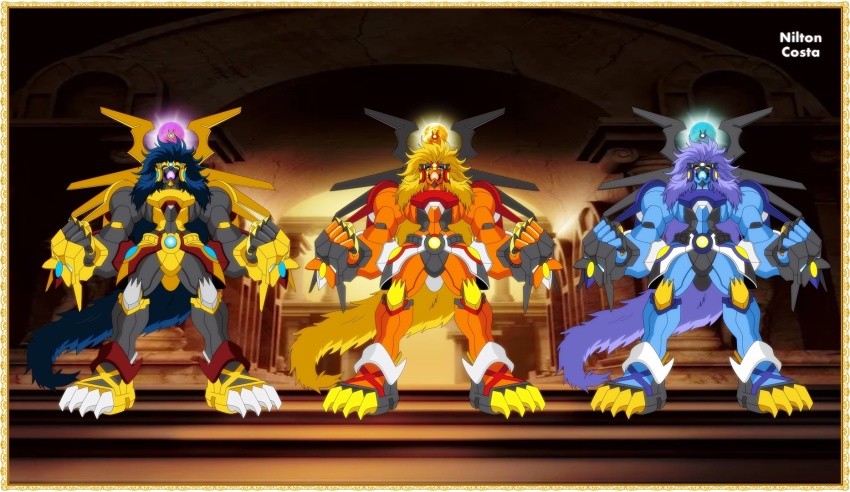 apollomon apollomon_whispered armor claws digimon digimon_(creature) fire highres lion_boy orb tail