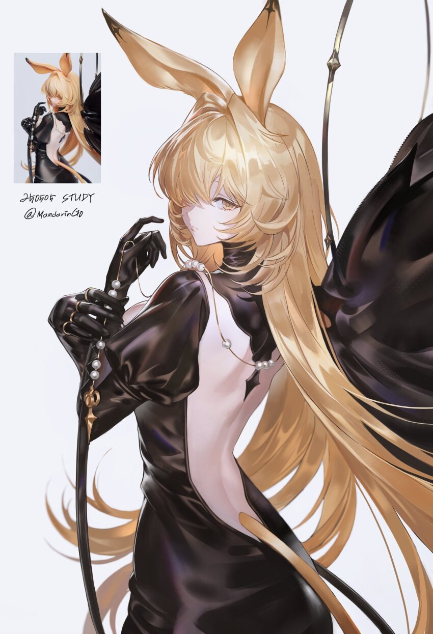 1girl animal_ears arknights art_study backless_dress backless_outfit black_dress black_wings blonde_hair dated dorothy_(arknights) dorothy_(hand_of_destiny)_(arknights) dress from_behind hair_over_one_eye highres holding holding_jewelry jewelry juliet_sleeves long_hair long_sleeves looking_at_viewer mandaring0 mouse_ears necklace official_alternate_costume pearl_necklace puffy_sleeves reference_inset signature solo tail very_long_hair white_background wings yellow_eyes