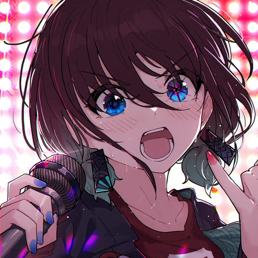 1girl blue_eyes blue_hair blue_nails blush brown_hair chinese_commentary commentary_request earrings girls_band_cry iseri_nina jewelry kuuhaku_to_catharsis multicolored_nails open_mouth pinky_out portrait red_shirt shirt solo sweat teeth yun_cao_bing