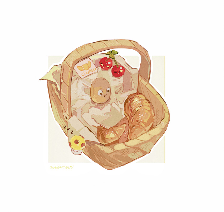 :t artist_name basket black_eyes border cherry cherry_bomb_(plants_vs._zombies) closed_eyes closed_mouth commentary croissant dot_mouth food from_above fruit grey_background halftone highres hightguy in_basket in_container leaf looking_at_food mushroom no_humans outline outside_border plants_vs._zombies simple_background sun-shroom_(plants_vs._zombies) symbol-only_commentary tissue u_u wall-nut_(plants_vs._zombies) walnut white_border white_outline zzz