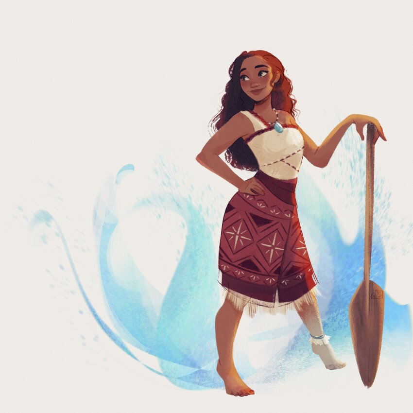 1girl barefoot black_hair dark-skinned_female dark_skin hand_on_own_hip highres holding holding_oar looking_to_the_side moana_(movie) moana_waialiki oar print_skirt red_skirt shirt skirt sleeveless sleeveless_shirt solo standing tanisketch white_shirt